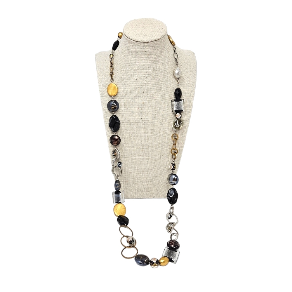 Chicos Long Necklace Art Glass Gold Tone Silver Tone Gray Black Beaded